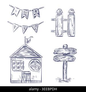 A set of vector illustrations on a marine theme with a beach house, a wooden signpost, a fence and garlands of flags. An illustration for the design Stock Vector