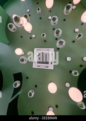 Looking upward at calm modern green ceiling featuring round glass pendant light design. contemporary interior space creates peaceful atmosphere with g Stock Photo