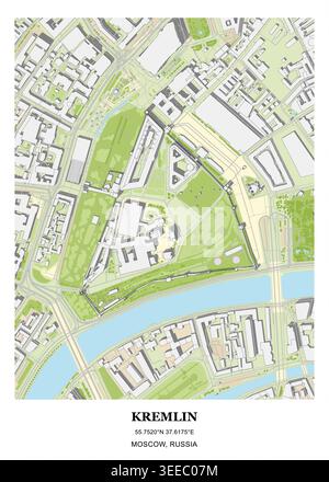 Detailed architectural and site plan of the Moscow Kremlin, Russia, illustrating its historic fortified complex and surrounding urban context. Stock Vector