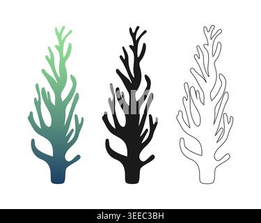 Stylized coral branch vector set with green teal gradient, solid black silhouette, and thin outline icons for spa wellness branding, aquatic interior Stock Vector