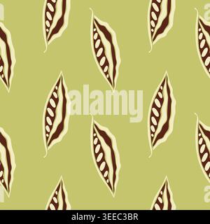 Seamless vector pattern with abstract cocoa pods and organic leaf shapes in olive green, cream, and brown colors for kitchen textiles, wallpaper, and Stock Vector