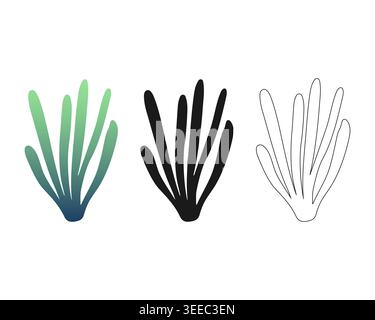 Minimalist seaweed bush vector icons featuring emerald green gradient, solid black silhouette, and thin line art for organic skincare packaging, marin Stock Vector