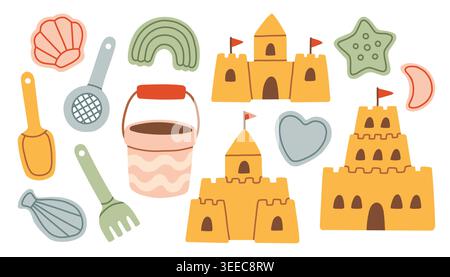 Collection of hand drawn sand castles and beach toys. Minimalist flat vector illustration of bucket, shovel, rake, and molds for kids summer play Stock Vector