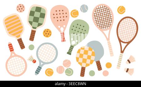 Set of hand drawn tennis rackets, paddle bats, and balls. Minimalist flat vector illustration of sport equipment with shuttlecocks for summer activity Stock Vector