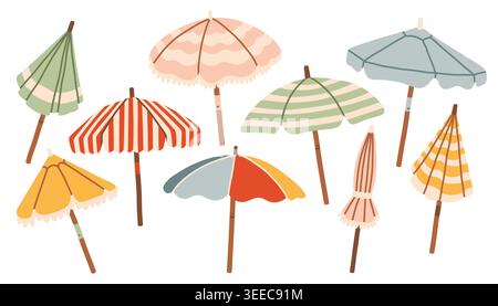 Collection of hand drawn sun umbrellas and beach parasols. Minimalist flat vector illustration of colorful striped and fringed umbrellas for summer Stock Vector