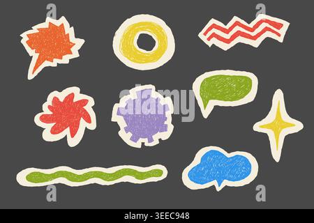 Crayon geometric bubbles and organic forms in scrapbook style with pencil texture. Stock Vector