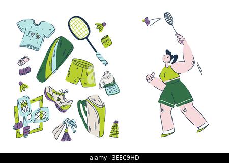 Playful badminton collection in green tones, sporty girl playing with racket and shuttlecock, hobbies and sports activities Stock Vector
