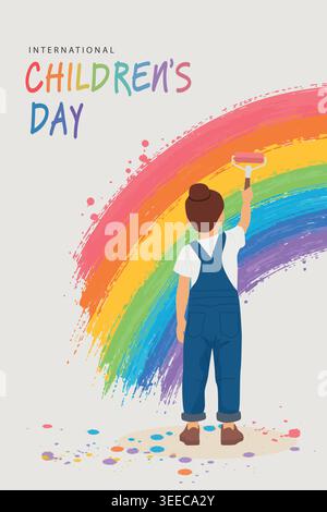 Happy children's day poster with child painting rainbow in colorful creative style Stock Vector