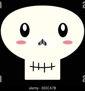 Cute kawaii skull with oval black eyes and blush cheeks in simple cartoon style. Great for Halloween decorations, stickers, icons, planners, and seaso Stock Vector