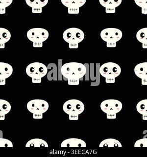 Cute seamless skull pattern with kawaii skeleton faces on black background in minimal cartoon style. Perfect for Halloween fabric, wrapping paper, sti Stock Vector