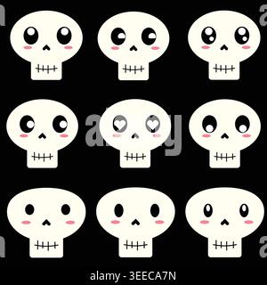 Cute kawaii skull face vector set with different eye expressions and pink cheeks. Perfect for Halloween designs, stickers, party decorations, apparel, Stock Vector