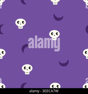 Cute seamless Halloween pattern featuring kawaii skulls and crescent moons on a purple background. Simple spooky pastel design perfect for fabric, wra Stock Vector