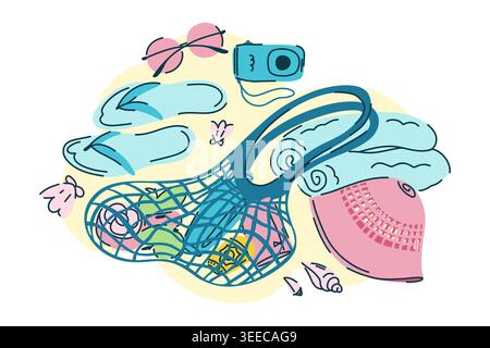 Beach composition with a string bag on the sand, Panama hat, towel, slippers and camera, summer accessories for a beach holiday in blue and pink Stock Vector