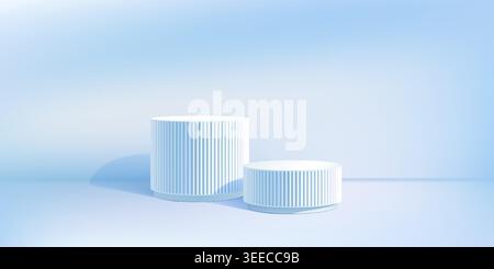 Blue bg limbo, 3d podium product sale. Round ribbed base box stage, Discount giveaway light cylinder platforms. Cosmetic stand display, winner sky Stock Vector