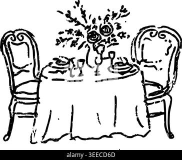 Hand Drawn Romantic Dinner Table for Two Vector Line Art Stock Vector