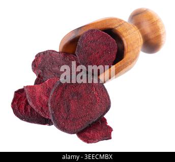 Crispy roasted beetroot chips with sea salt, isolated on white background. Healthy and crunchy natural vegetable snack. Clipping path Stock Photo