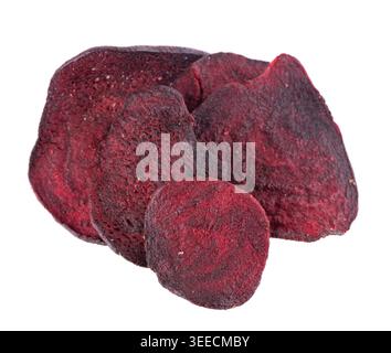 Crispy roasted beetroot chips with sea salt, isolated on white background. Healthy and crunchy natural vegetable snack. Clipping path Stock Photo