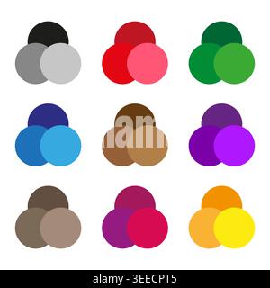 Overlapping circle color palette set vector. Professional graphic elements show intersection or monochromatic swatches for design. EPS 10. Stock Vector