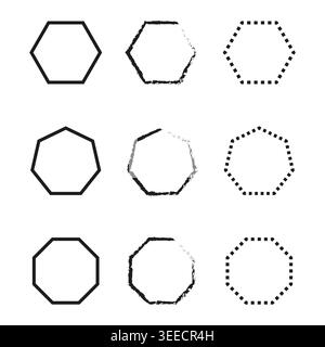 Geometric polygon outline frames vector set with solid, grunge, and dashed border styles. Ideal for modern logo design and web layouts. EPS 10. Stock Vector