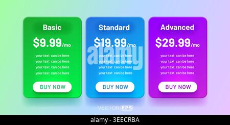Modern UIUX pricing table with three vibrant subscription plans. Perfect for web design and service offerings. Vector illustration. Stock Vector