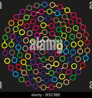 Abstract concentric circles of linked colorful rings on black vector. Ideal for modern web design backgrounds and digital network marketing graphics. Stock Vector