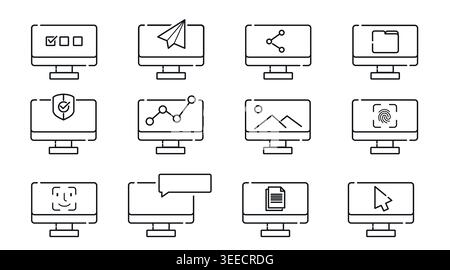 Mega set of 12 desktop computer icons: minimalist black line PC vectors with security, analytics, chat, and file management symbols, outline UI style. Stock Vector