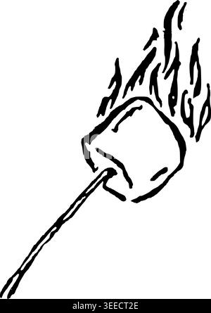 Hand Drawn Roasted Marshmallow on Stick Vector Line Art Stock Vector