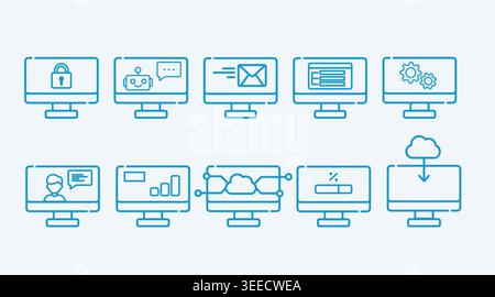 Blue line desktop computer icon set: 10 PC vectors with security, chatbot, analytics, and cloud symbols, minimalist blue outline UI style. Stock Vector