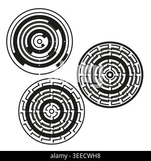 Circular HUD interface elements and technical maze patterns vector. These designs represent cybersecurity, data and innovation. EPS 10. Stock Vector