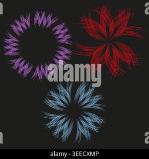Abstract floral starburst elements with sketchy lines on dark background vector. These decorative sets serve as art patterns. EPS 10. Stock Vector