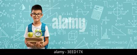 Collage of a Boy Holding Books and a Clock in Front of Math and Science Drawings on a Wall Stock Photo
