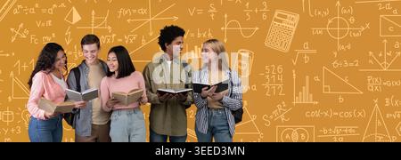 Group of Students Reading and Discussing Math and Science Books in a Classroom Setting Stock Photo