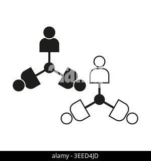 A black and white Vector icon set displaying a central node connected to several user profiles, representing social networking and team collaboration. Stock Vector