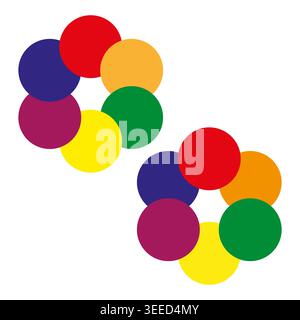 A colorful abstract Vector design showcasing two arrangements of vibrant overlapping circular shapes, forming a decorative floral pattern. EPS 10. Stock Vector