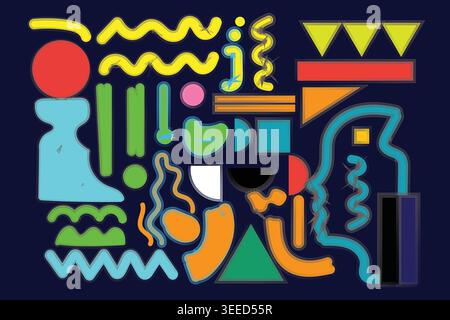 Vibrant abstract composition with colorful shapes and lines on dark blue background Stock Vector
