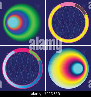 Vibrant circular gradient patterns on dark blue background Stock Vector