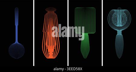 Colorful line art of kitchen utensils on black background Stock Vector