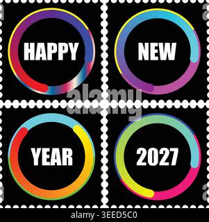 Vibrant happy new year 2027 stamp set with colorful circular designs on black background Stock Vector