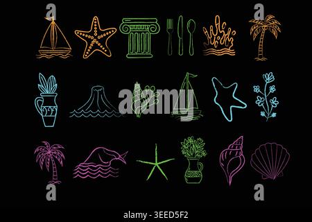 Vibrant neon line art icons of beach and sea elements in various colors on black background Stock Vector
