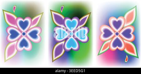 Vibrant floral designs with heart shaped petals and colorful gradients Stock Vector