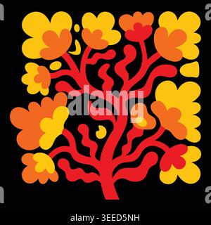 Vibrant tree with yellow and orange flowers on red branches against a black background Stock Vector