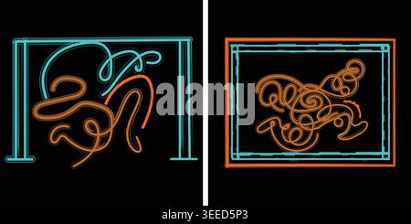 Neon colored abstract art with swirling lines and geometric shapes on black background Stock Vector