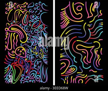 Vibrant abstract art with colorful swirling patterns on black background Stock Vector