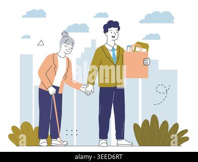Helping scene with groceries. Vector illustration Stock Vector