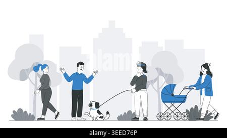 People in city park scene. Vector illustration Stock Vector