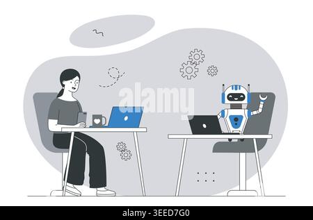 Human and robot at desks. Vector illustration Stock Vector