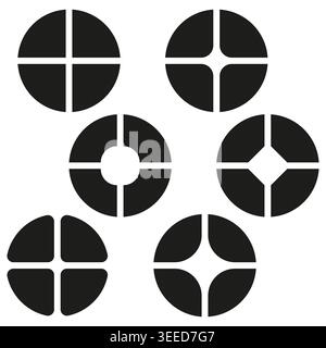A Vector collection of six abstract circular icons featuring unique quadrant divisions and segment variations. EPS 10. Stock Vector