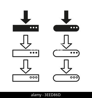 A Vector icon set for data download and transfer, showing server to local device data flow in solid and outline styles. EPS 10. Stock Vector
