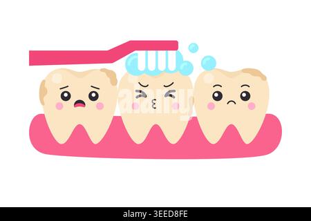 Three cute cartoon stained yellow dirty tooth characters being brushed with pink toothbrush on gum on white background vector illustration Stock Vector