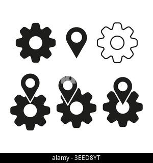 A modern Vector icon set features gear and location pin symbols, with solid and outline styles for map and settings applications. EPS 10. Stock Vector